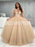 Puffy Sleeve V Neck Lace Embroidery A Line Prom Dress