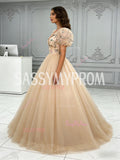Puffy Sleeve V Neck Lace Embroidery A Line Prom Dress