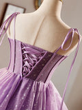 Tie Shoulder Tulle Short Purple A-Line Sweetheart Homecoming Dress