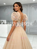 Puffy Sleeve V Neck Lace Embroidery A Line Prom Dress