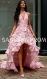 High Lower Flower Pink Halter A Line Prom Dress