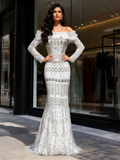 Off The Shoulder Long Sleeve White Beading Trumpet Mermaid Prom Dress