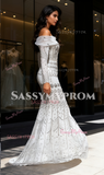Off The Shoulder Long Sleeve White Beading Trumpet Mermaid Prom Dress