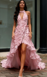 High Lower Flower Pink Halter A Line Prom Dress