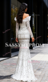 Off The Shoulder Long Sleeve White Beading Trumpet Mermaid Prom Dress