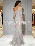 One Shoulder Trumpet Mermaid Gray Flower Long Sleeve Prom Dress