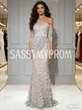 One Shoulder Trumpet Mermaid Gray Flower Long Sleeve Prom Dress