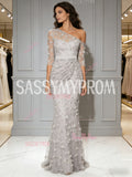 One Shoulder Trumpet Mermaid Gray Flower Long Sleeve Prom Dress