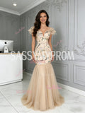 Floral Ruffles Sleeve Trumpet Mermaid Champagne V Neck Tulle Prom Dress