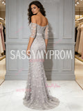 One Shoulder Trumpet Mermaid Gray Flower Long Sleeve Prom Dress