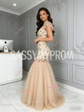Floral Ruffles Sleeve Trumpet Mermaid Champagne V Neck Tulle Prom Dress