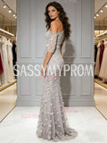 One Shoulder Trumpet Mermaid Gray Flower Long Sleeve Prom Dress