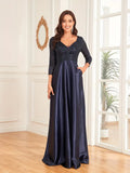 Midnight Navy Satin  Bejeweled Bodice Prom Dress