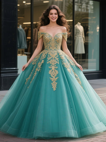 Off The Shoulder Appliques Blue Tulle Ball Gown Prom Dress