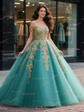 Off The Shoulder Appliques Blue Tulle Ball Gown Prom Dress