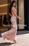 Trumpet Mermaid Pink Cap Sleeve Beading Prom Dress