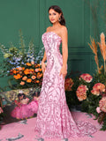 Pink Strapless Mermaid Sequin Prom Party Dress