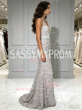 Trumpet Mermaid Flower V Neck Gray Tulle Prom Dress