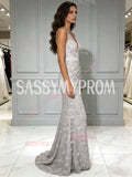 Trumpet Mermaid Flower V Neck Gray Tulle Prom Dress
