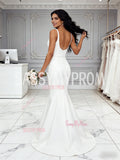 Trumpet Mermaid Satin White V Neck Sheer Wedding Dress