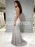 Trumpet Mermaid Flower V Neck Gray Tulle Prom Dress