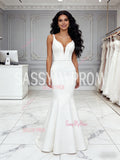 Trumpet Mermaid Satin White V Neck Sheer Wedding Dress