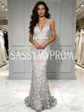 Trumpet Mermaid Flower V Neck Gray Tulle Prom Dress