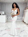 Trumpet Mermaid Satin White V Neck Sheer Wedding Dress