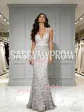 Trumpet Mermaid Flower V Neck Gray Tulle Prom Dress