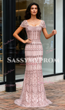 Trumpet Mermaid Pink Cap Sleeve Beading Prom Dress
