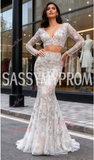 Two Piece Flower Beading Trumpet Mermaid Long Sleeve Prom Dress