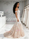 Champagne Tulle Off The Shoulder Trumpet Mermaid Lace Wedding Dress