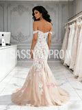 Champagne Tulle Off The Shoulder Trumpet Mermaid Lace Wedding Dress