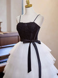 Black & White Short A-Line Tulle Appliques Homecoming Dress