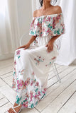 Summer Print Floral Off-shoulder White Maxi Dress
