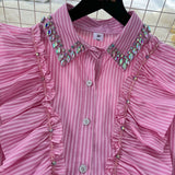 Blue Long Sleeve Ruffles Striped Shirt