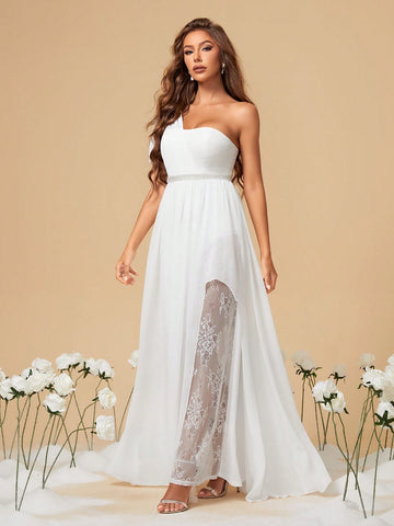 Chiffon Pearl Belt One Shoulder Wedding Dress With Slit US14 / Yellow