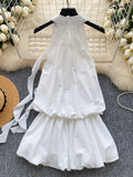 Graceful Ruffles Flowing Ribbon White Dress