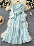 Summer Asymmetrical Puff Long Sleeves Mint Dress