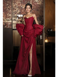 Mermaid Ruched Flower Detachable Sleeve Burgundy Prom Dress With Slit