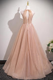 Tulle Halter A Line Beading Long Pink Prom Dress