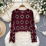 Burgundy Decorative Tassels Crochet Lace Top