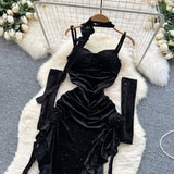 Black Cut Out Velvet Party Dress