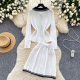 Pleated Skirt Bow White Black Knit Set