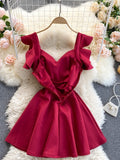 Puff Sleeve Burgundy Sweetheart Mini Dress