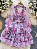 Puffed Sleeves Purple Floral Jacquard Dress