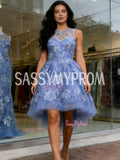 Jewel Blue Beading Lace Flower A Line Short Prom Dress
