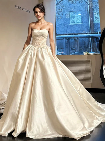 A Line Lace Sheer Strapless Satin Wedding Dress