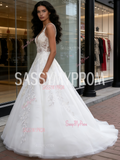 A Line Tulle Sleeveless V Neck Appliques White Wedding Dress