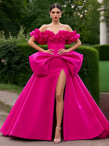 Satin Bow A Line Fuchsia Sweetheart Prom Dress With Slit